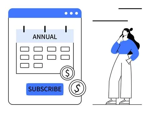 Subscription Plan Decision Concept with Annual Calendar and Thoughtful Person Stock Illustration