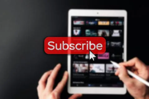 Subscription plan. Red online video subscribe button. Internet service on lap Stock Photos