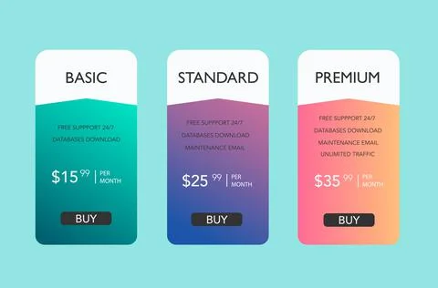Subscription plans with account features or list of included options and price. Stock Illustration
