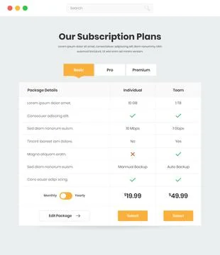 Subscription plans and pricing comparison web interface template design Stock Illustration
