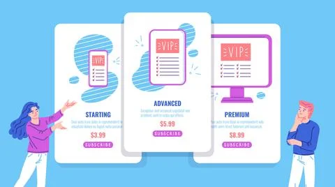Subscription plans - starting, advanced and premium, flat vector illustration Stock Illustration