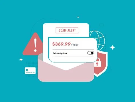 Subscription renewal scam warns users via fake payment reminders to steal Stock Illustration