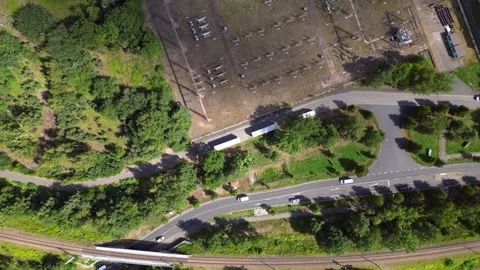 Substation distributing electricity at forest. Unique aerial view flight drone Vídeo Stock 315474354