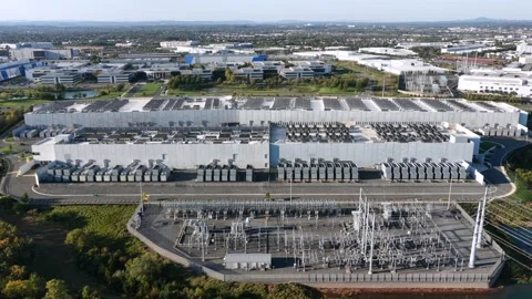 Substation in Front of a Vast Data Center Campus Stock Footage 348970227