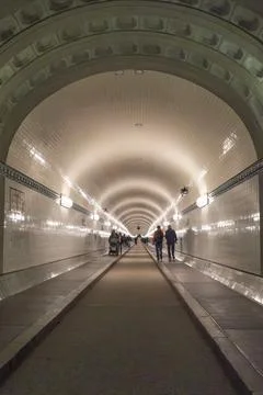 Subterranean view showing the classic construction of the Elbe Tunnel. Stock Photos