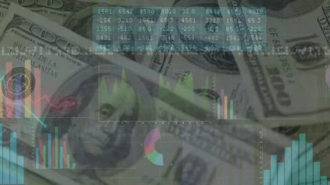 Subtle camera pan starting overlays, stack of US bills shifting while charts Stock Footage 329454662