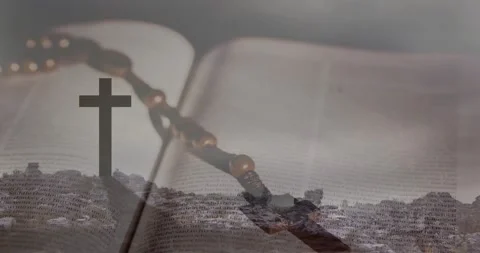 Subtle opacity shifting starting cross, rosary and open book slowly dissolving, Stock Footage 330003903