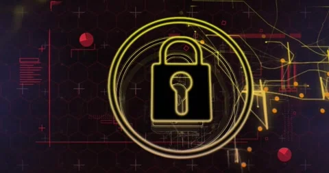Subtle padlock appearing triggers reticle rotating and nodes pulsing signaling Stock Footage 325706468