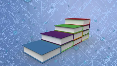Subtle tracking starting book steps settling, teal icons drifting and chalk math Stock Footage 333789755