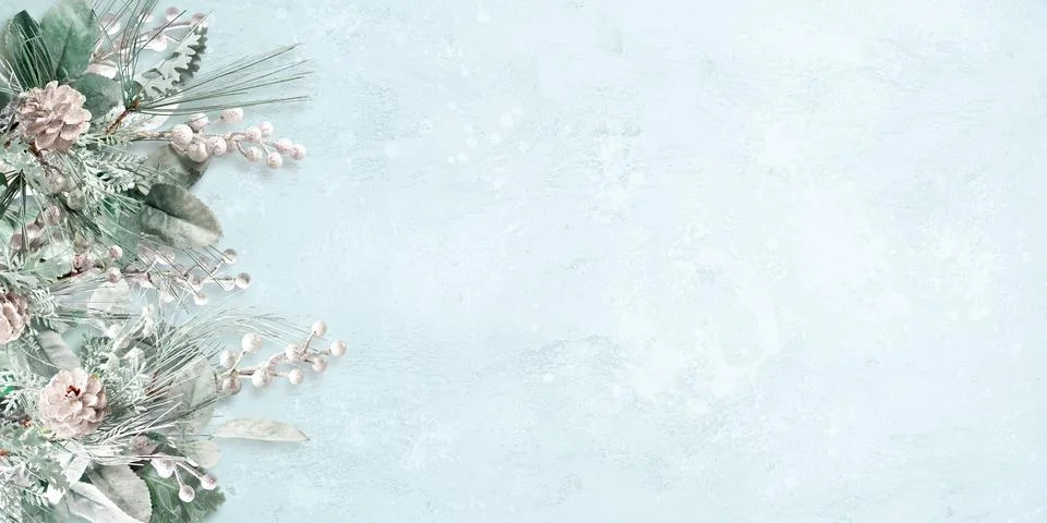 Subtle winter-themed background featuring pinecones and frosted florals arr.. Stock Photos