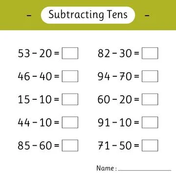 Subtracting Tens. Mathematics. Math worksheets for kids. School education. .. Illustrazione stock