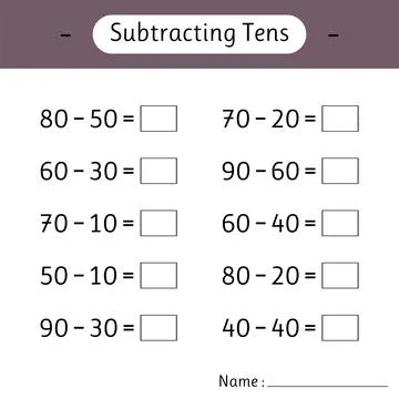 Subtracting Tens. School education. Math worksheets for kids. Development o.. Illustrazione stock