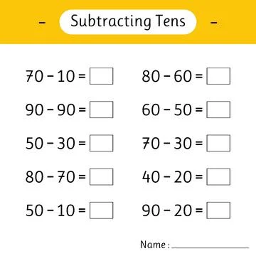 Subtracting Tens. School education. Math worksheets for kids. Mathematics. .. Illustrazione stock