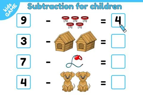 Subtraction for children math game and cartoon dog Stock Illustration