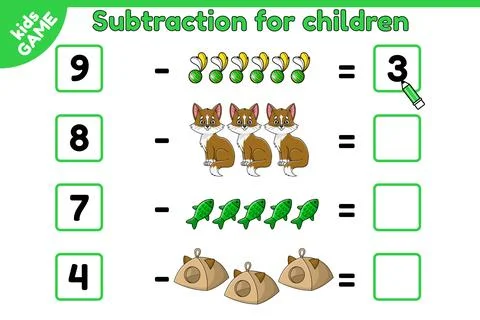 Subtraction for children math game and cartoon cat Stock Illustration