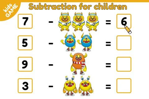 Subtraction for children math game monsters-2 Stock Illustration