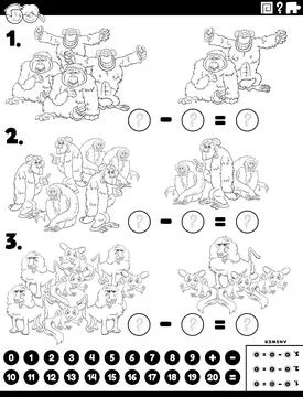 Subtraction educational task with apes and monkeys color book page Illustrazione stock