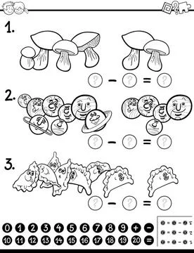 Subtraction maths activity coloring page Black and White Cartoon Illustrat... Stock Photos