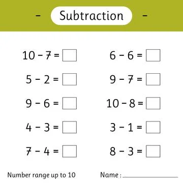 Subtraction. Number range up to 10. Math worksheet for kids. Mathematics. S.. Stock Illustration