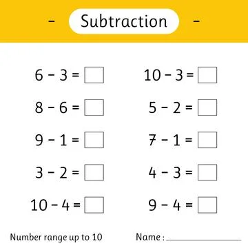 Subtraction. Number range up to 10. Math worksheet for kids. Solve examples.. Stock Illustration