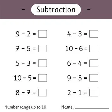 Subtraction. Number range up to 10. Math worksheet for kids. Solve examples.. Stock Illustration
