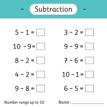 Subtraction. Number range up to 10. Math worksheet for kids. Developing num.. Stock Illustration