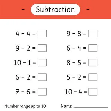 Subtraction. Number range up to 10. Mathematics. Math worksheet for kids. S.. Stock Illustration