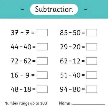 Subtraction. Number range up to 100. Math worksheet for kids. Developing nu.. Stock Illustration