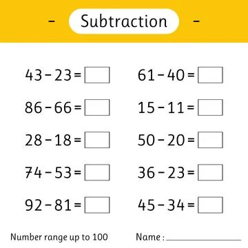 Subtraction. Number range up to 100. Math worksheet for kids. Developing nu.. Stock Illustration