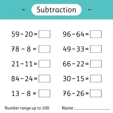 Subtraction. Number range up to 100. Math worksheet for kids. Solve example.. Stock Illustration
