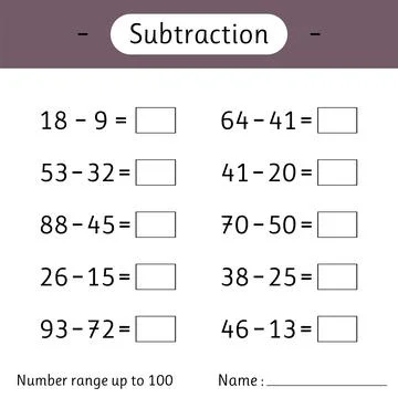 Subtraction. Number range up to 100. Math worksheet for kids. Mathematics. .. Stock Illustration