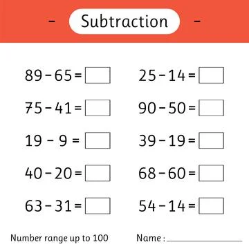 Subtraction. Number range up to 100. Math worksheet for kids. Solve example.. Stock Illustration