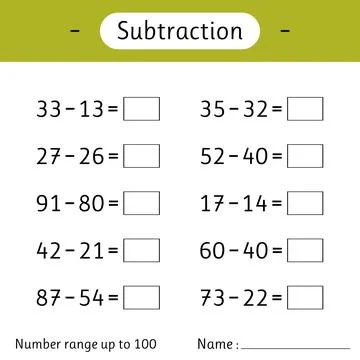 Subtraction. Number range up to 100. Math worksheet for kids. Mathematics. .. Stock Illustration