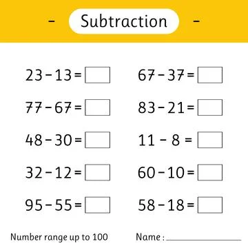 Subtraction. Number range up to 100. Math worksheet for kids. Solve example.. Stock Illustration