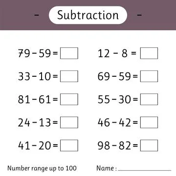 Subtraction. Number range up to 100. Mathematics. Math worksheet for kids. .. Stock Illustration
