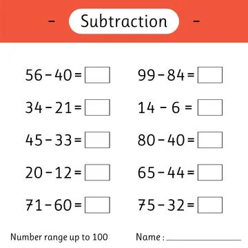 Subtraction. Number range up to 100. Mathematics. Math worksheet for kids. .. Stock Illustration