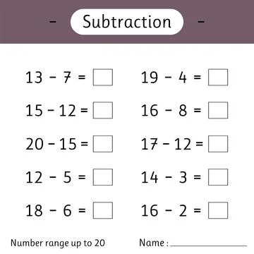 Subtraction. Number range up to 20. Math worksheet for kids. Solve examples.. Stock Illustration