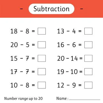 Subtraction. Number range up to 20. Math worksheet for kids. Developing num.. Stock Illustration
