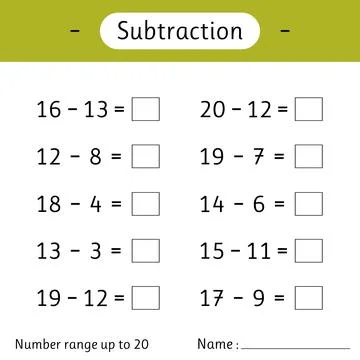 Subtraction. Number range up to 20. Math worksheet for kids. Solve examples.. Stock Illustration