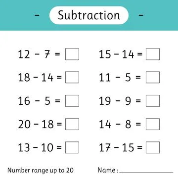 Subtraction. Number range up to 20. Mathematics. Math worksheet for kids. S.. Stock Illustration