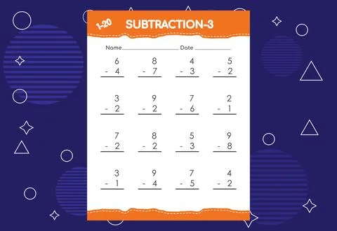 Subtraction worksheet for kids. Educational math activities worksheet for c.. Illustrazione stock
