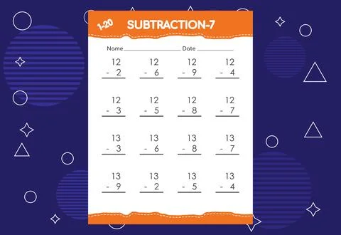 Subtraction worksheet for kids. Educational math activities worksheet for c.. Illustrazione stock