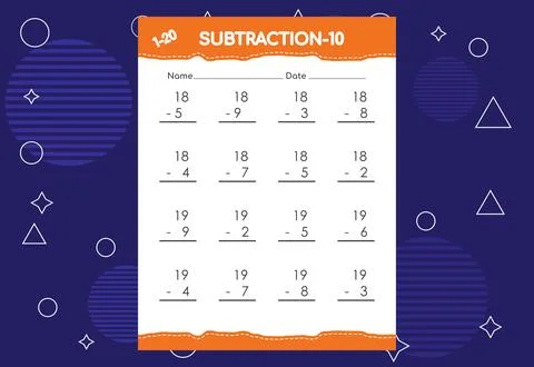 Subtraction worksheet for kids. Educational math activities worksheet for c.. Illustrazione stock