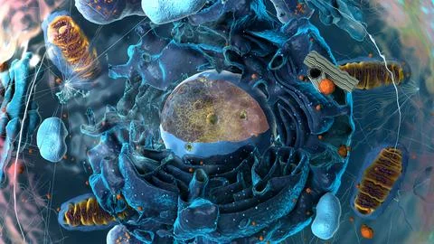 Subunits inside eukaryotic cell, nucleus and organelles and plasma membrane.. Stock Illustration
