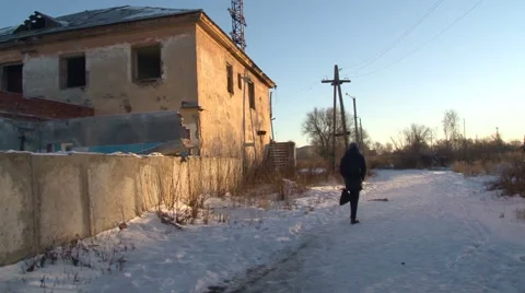Suburb. Empty Abandoned 2 Storey Building Without Window Frames. Concrete Stock Footage 68029632