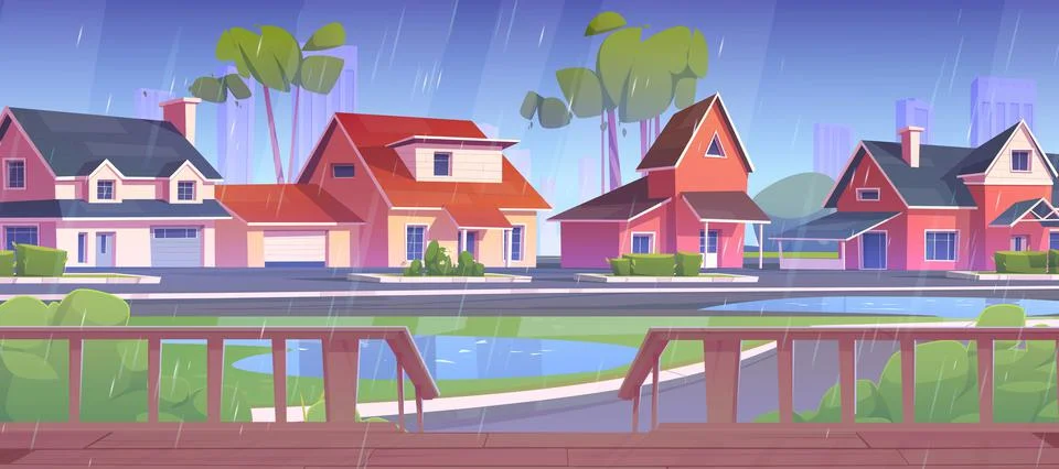 Suburb street with houses, wooden terrace in rain Stock Illustration