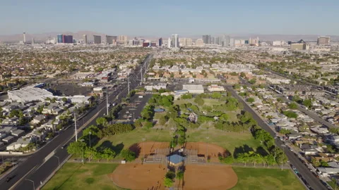 Suburban Baseball Fields With Distant Las Vegas Skyline at Golden Hour 스톡 동영상 333217426