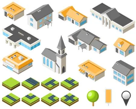 Suburban community isometric city kit Stock Illustration