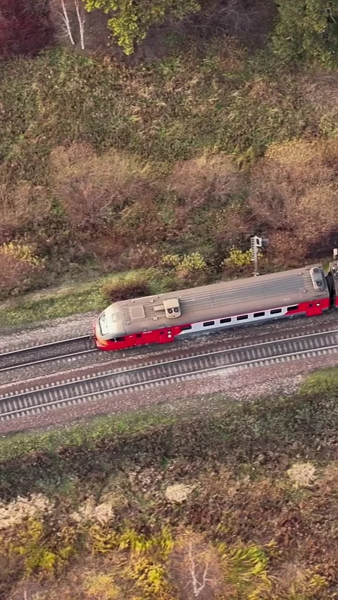 Suburban electric train moving along railway through autum.. Stock Footage 336944029