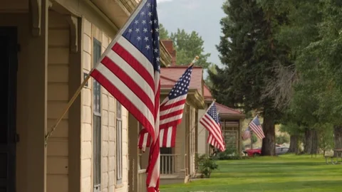 Suburban Harmony: Flags &amp; Tree-Lined Streets Vídeos de archivo 339274572